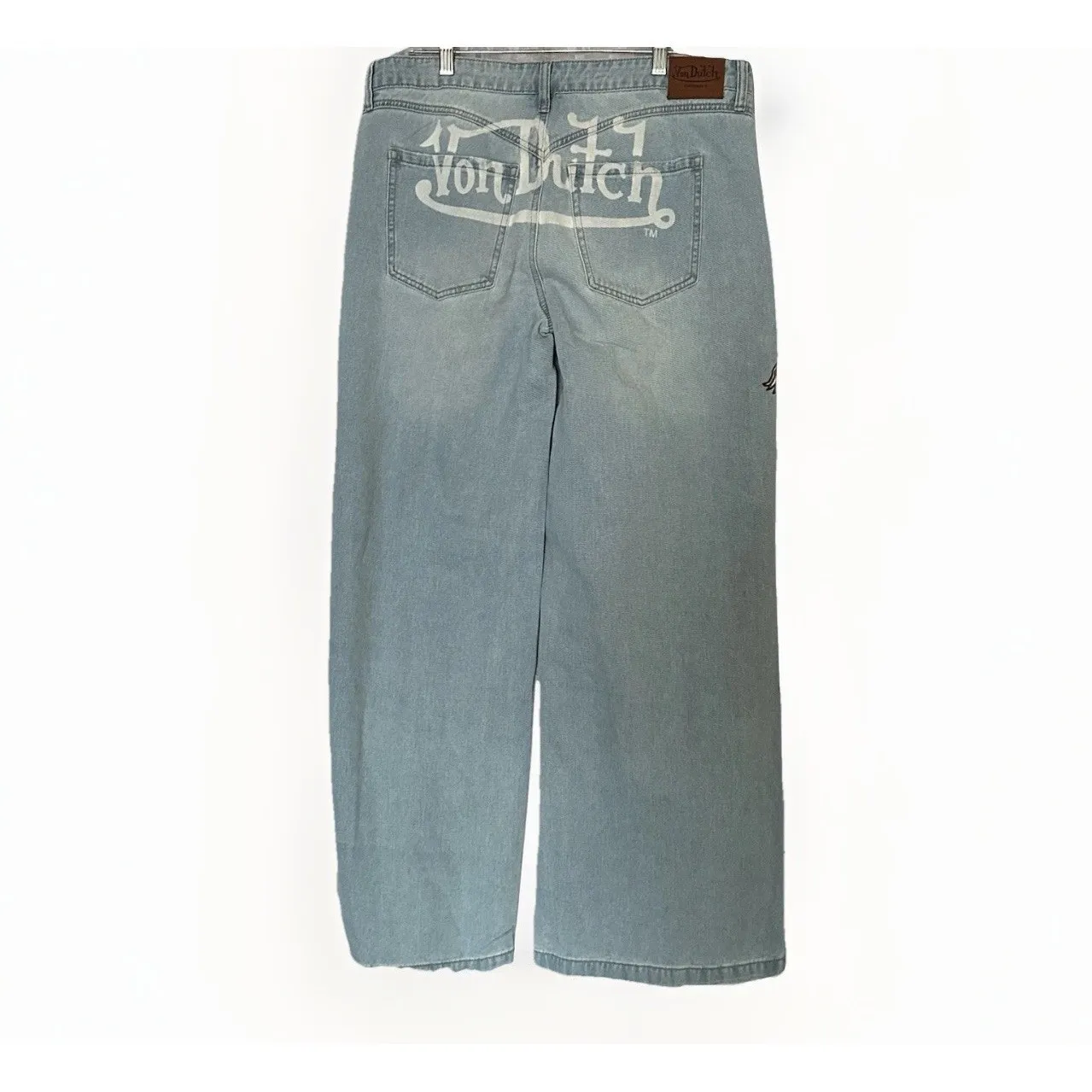 NWT Von Dutch Y2K Logo Patch Wide Leg Jeans Light Wash McBling Streetwear - Image 2