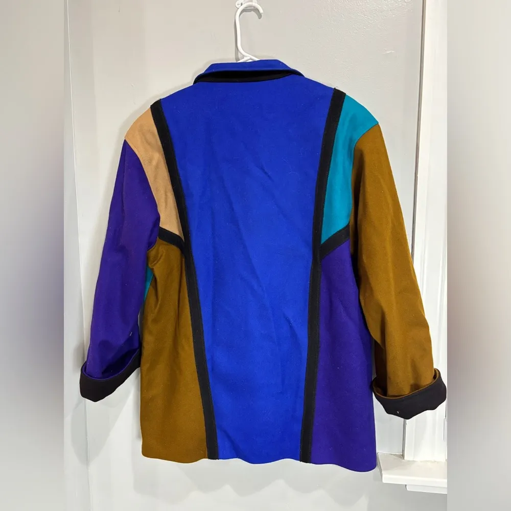 VTG 80s INTERNATIONAL SCENE Sz 7/8 Color Block 100% Wool Coat MADE IN YUGOSLAVIA Blue - Image 6