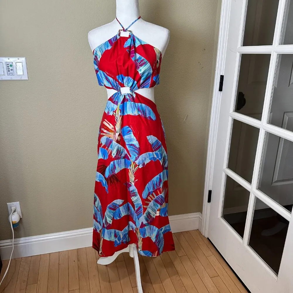 FARM RIO Sweet Jungle Frond Cut Out Halter Linen Midi Dress Size XL - Image 5