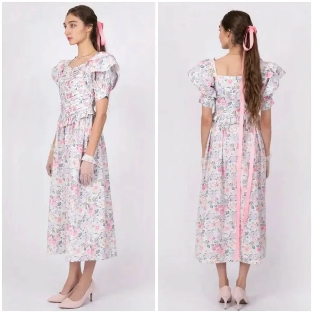 đź’•LAURA ASHLEY x BATSHEVAđź’• Eden Dress ~ Quartet Cream Floral Print 2 NWO Pink - Image 5