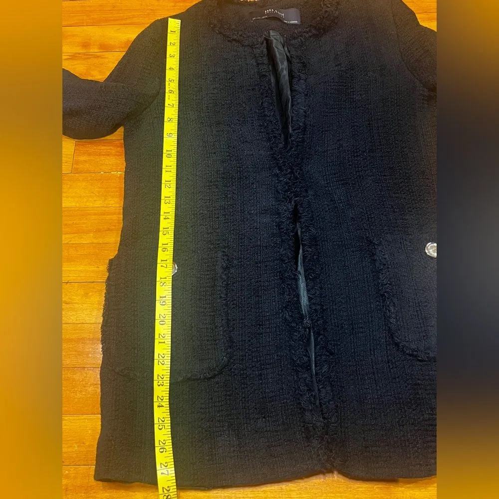 ZARA  Basic Black Tweed Fringe Blazer Size L - Image 4