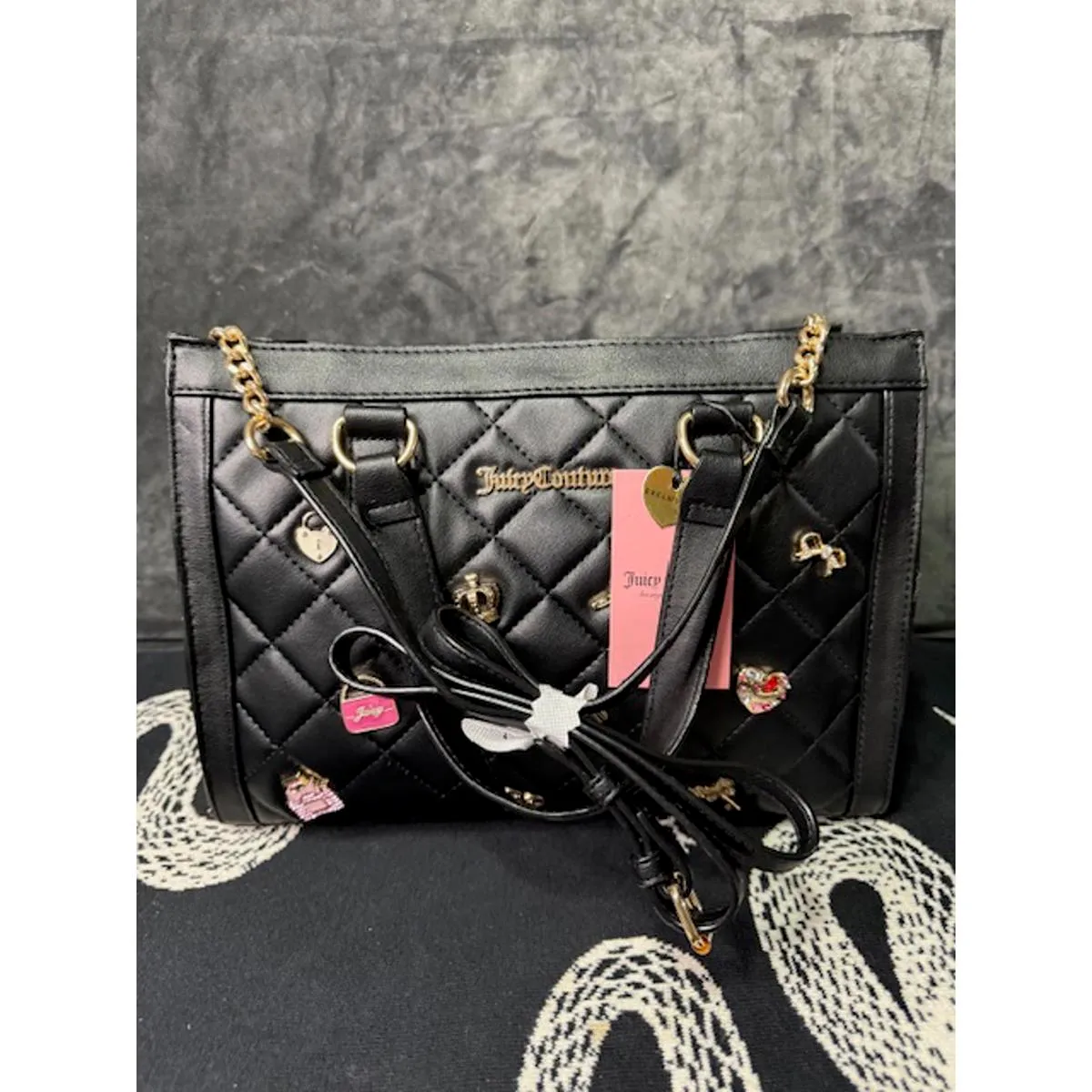 Juicy Couture Black Quilted Charm Tote Bag NWT Gold Hardware Handbag Purse - Image 3
