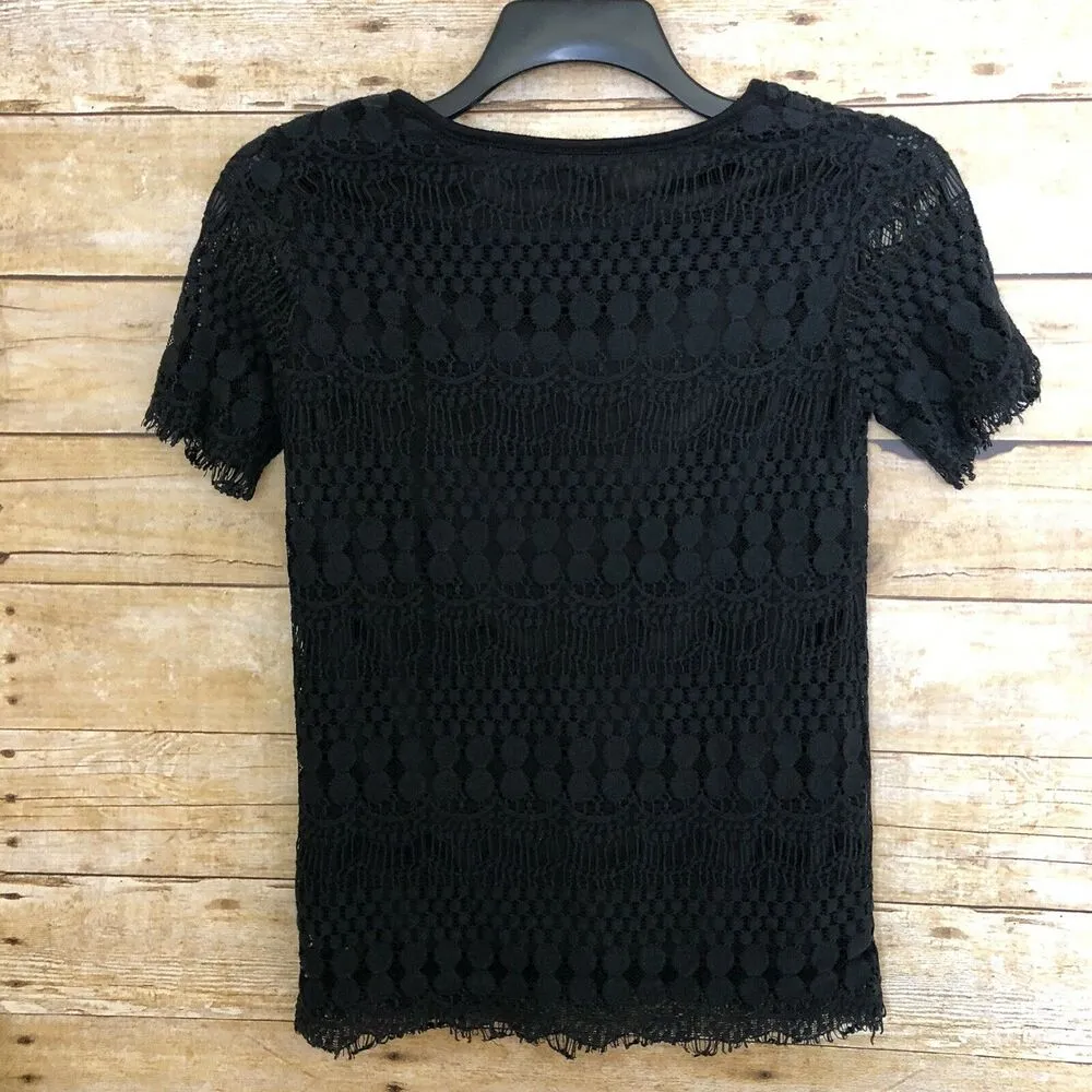 Black Short Sleeve Dotted Lace Overlay Blouse - Image 4