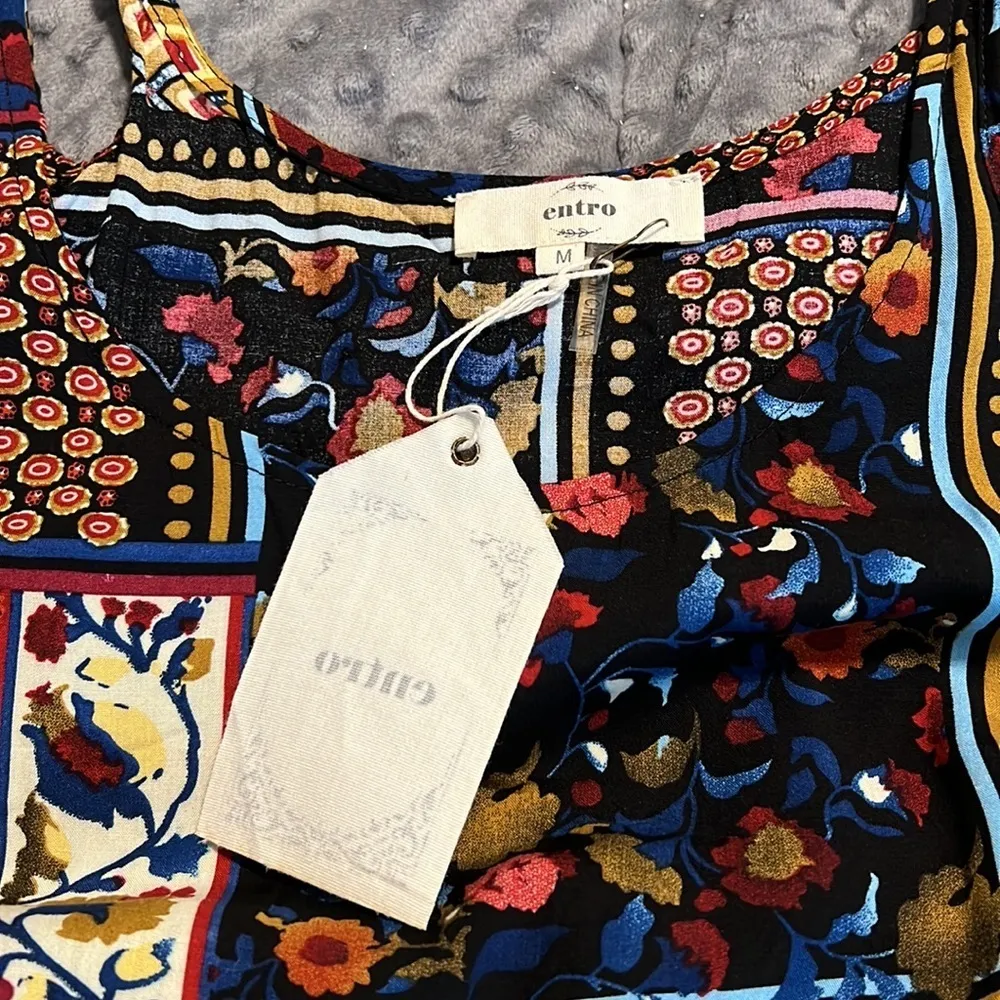 ENTRO M quilt printed swing dress open shoulder ribbon tie detail short sleeves - Image 8