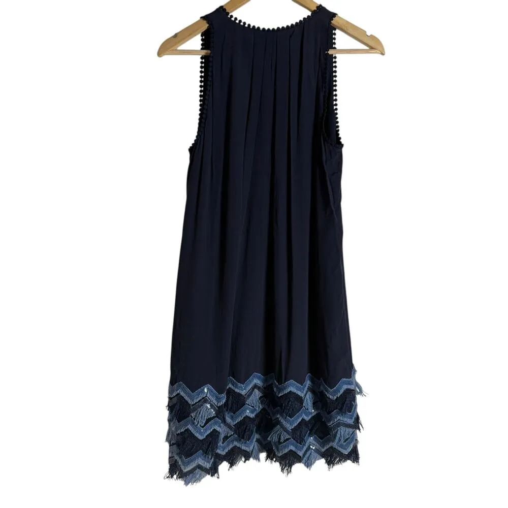 Maeve Anthropologie Navy Fringed Hem Sleeveless Swing Mini Dress Size 2 Blue - Image 10