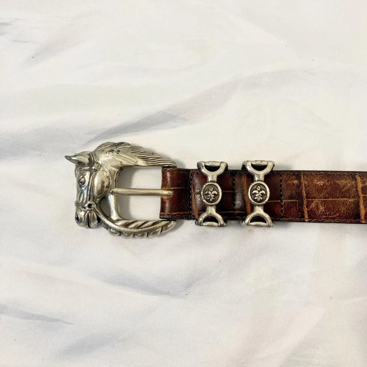 Brighton VTG Silver Horse Head Western Brown Croc Leather Waist Belt M / 30 - Image 2