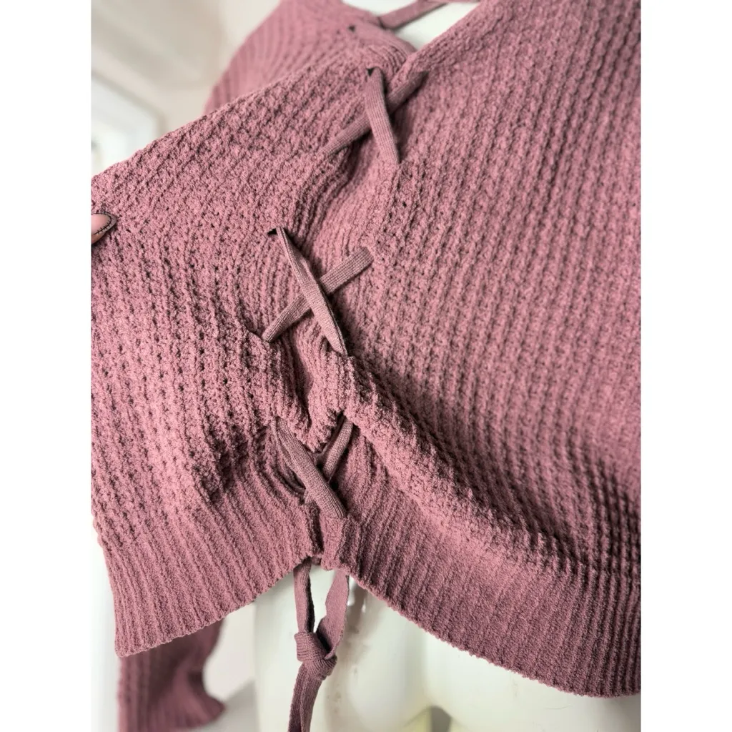 Moral Fiber Mauve Lace-Up Back Waffle Knit Long Sleeve V-Neck Sweater XL - Image 2