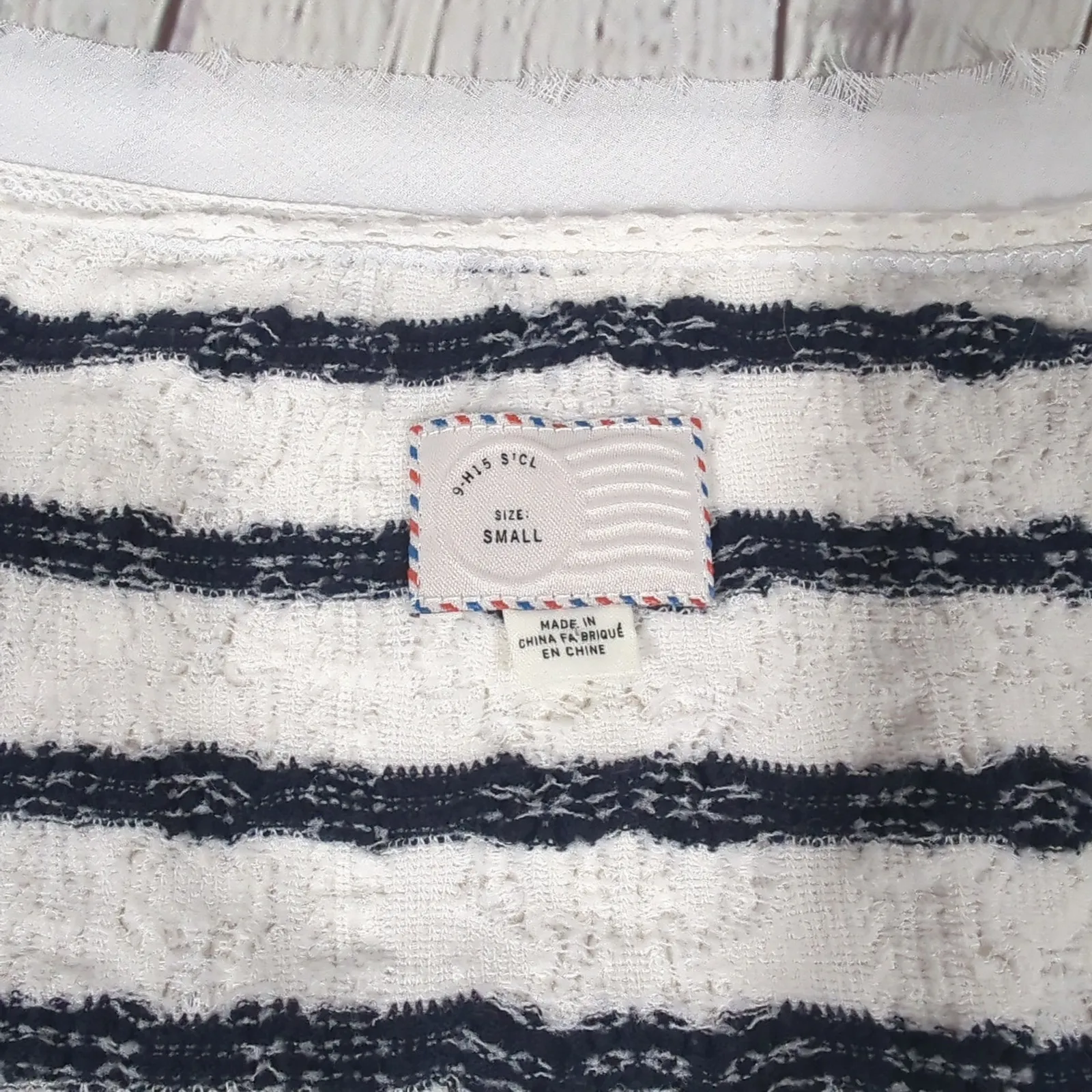 Anthropologie This Is A Story Striped Textured Knit Top Pleated Hem White Navy S - Image 5