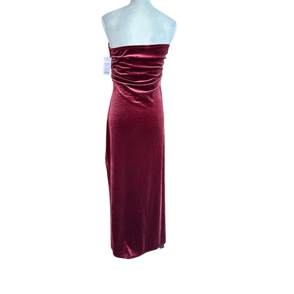 Wild Fable Ruched Velvet Strapless Midi Dress Deep Red Thigh Slit Size M NWT - Image 2