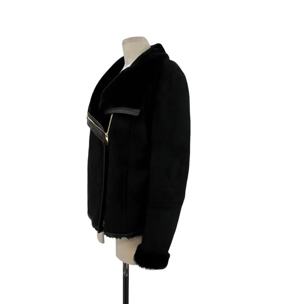 Hugo Boss Black Suede Fur Trim Moto Aviator Jacket Size US 10 - Image 6