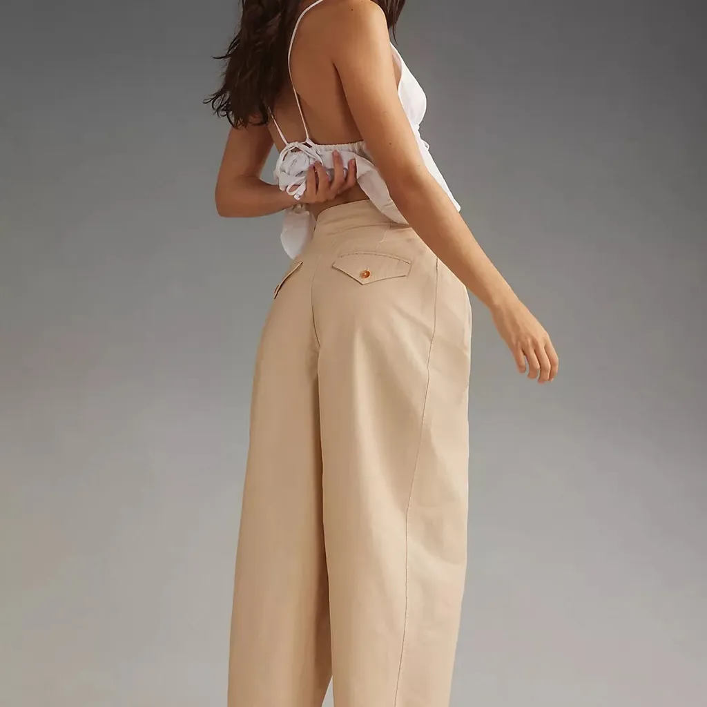 Maeve Anthropologie Utility Barrel Trouser Pants Sz 2 Neutral Pleated Tan Beige - Image 2