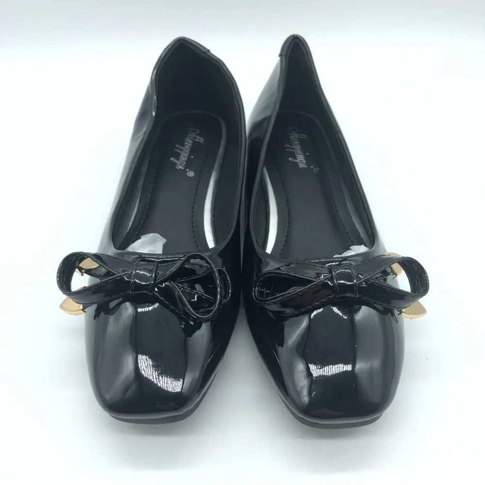 Womens Ballet Flats Faux Leather Slip On Square Toe Bow Black Size 235 US 6 - Image 2