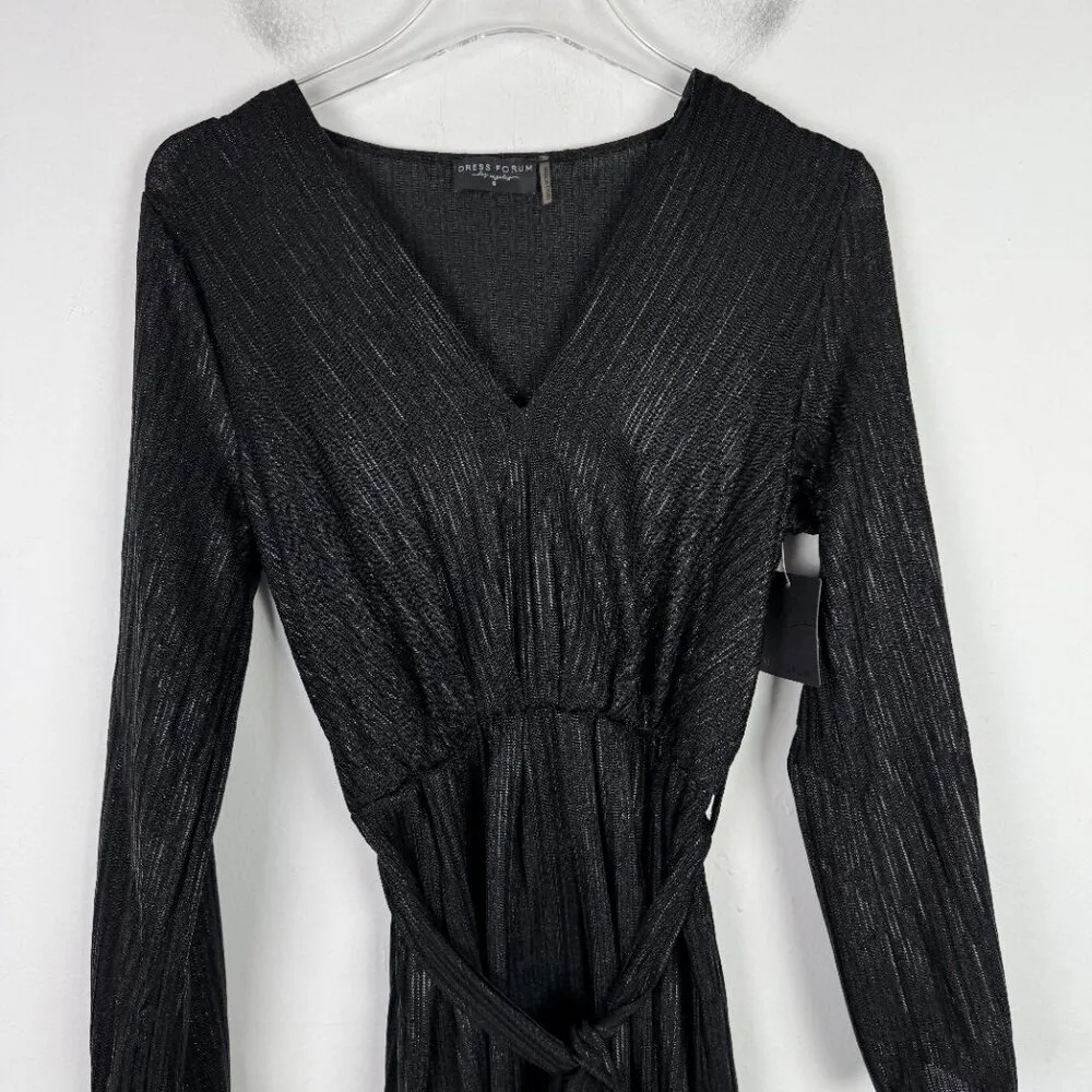 NWT  Long Sleeve Ribbed Metallic V-Neck Dress Black Size Small S NEW - Image 2