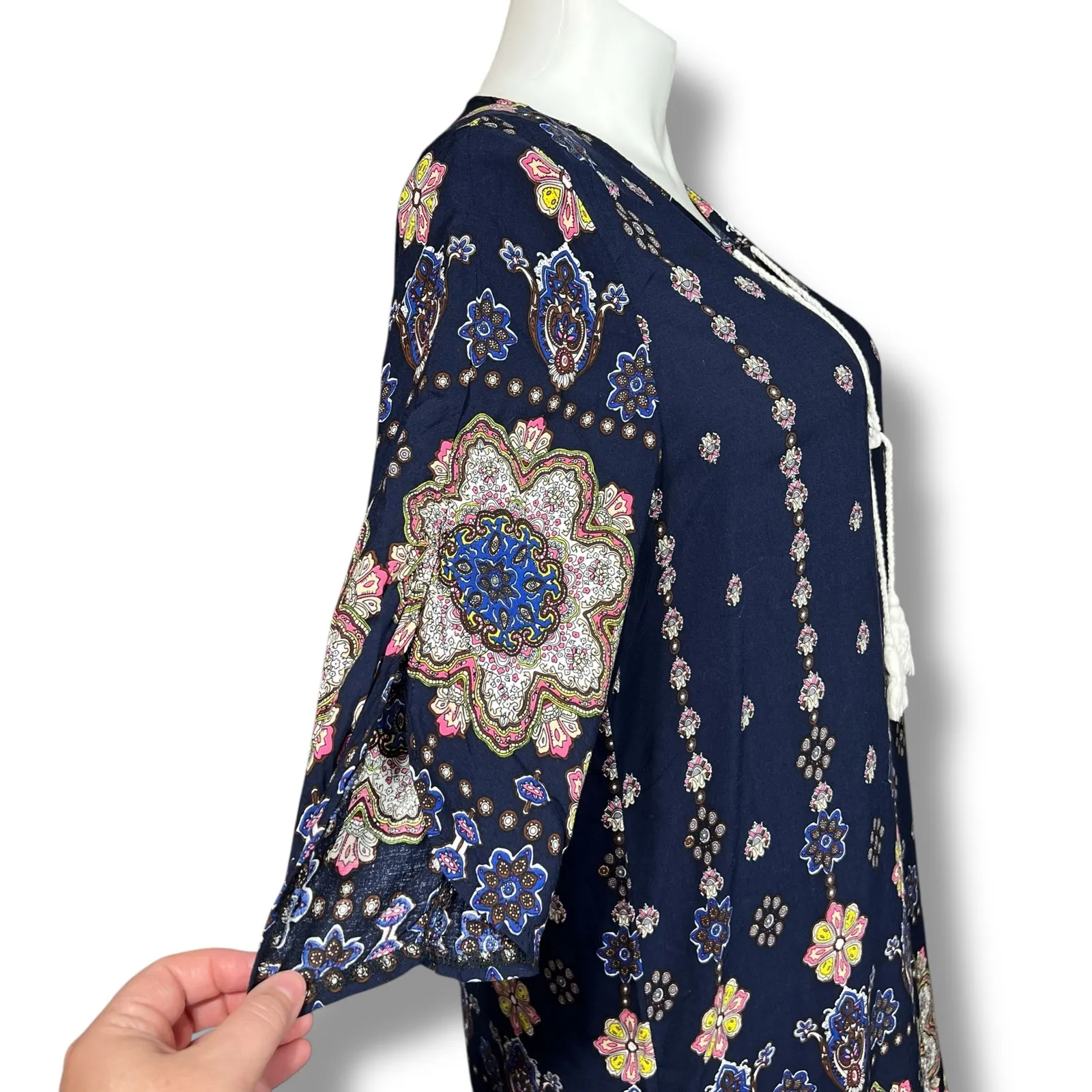 Halife Womens Midi Tunic Dress Geo Print Tasseled V Neck Coastal Navy Blue 2XL Size 2X - Image 3