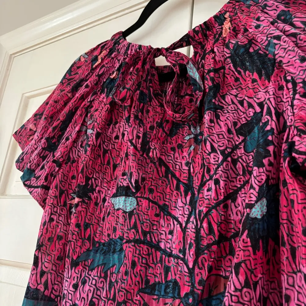 ULLA JOHNSON Pink Floral Flo Top Blouse Size 0 Puff Sleeve Tie Batik Snapdragon‎ - Image 8