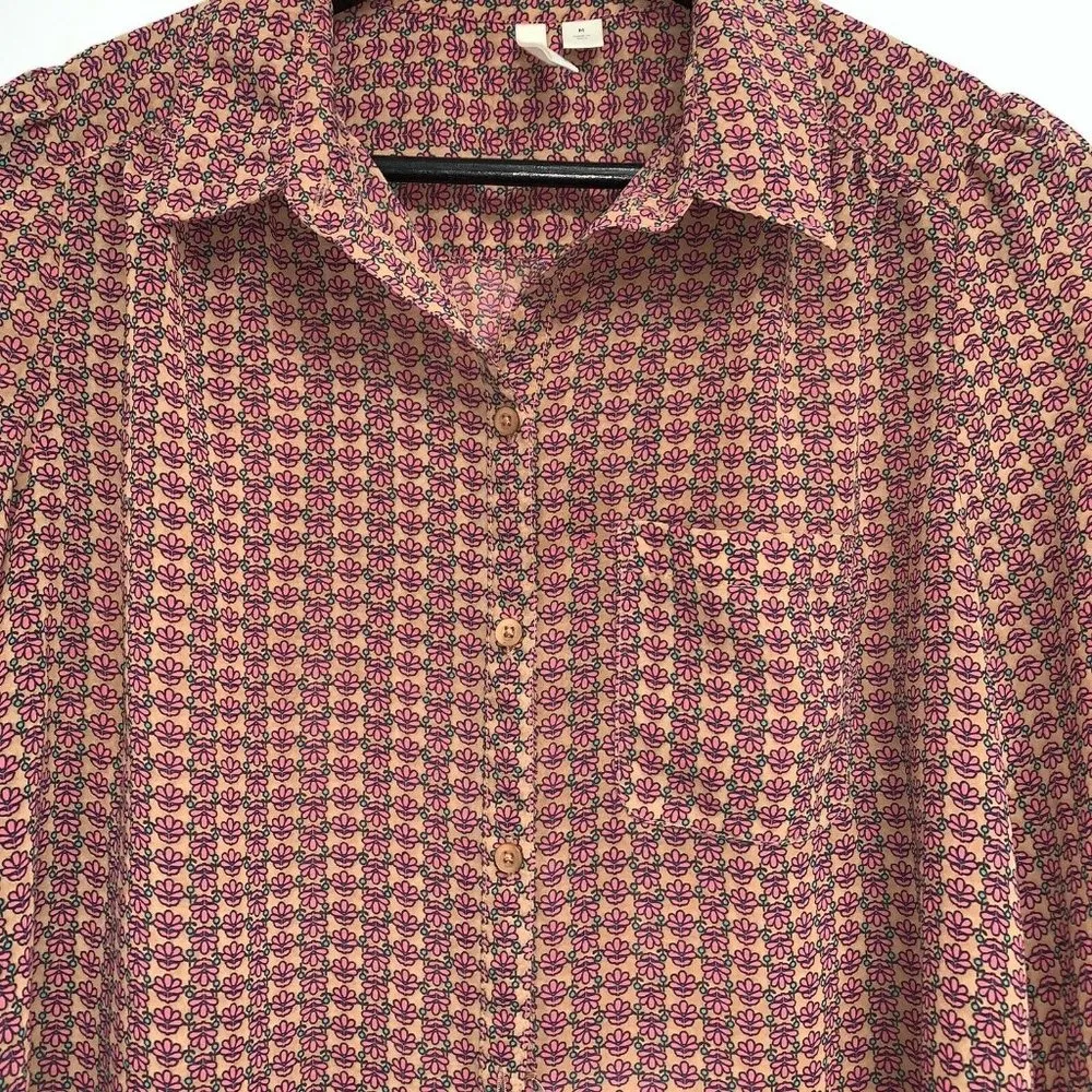 Frenchi Womens Sheer Blouse Size Medium Floral Print Pink Tan Long Sleeve Top - Image 2