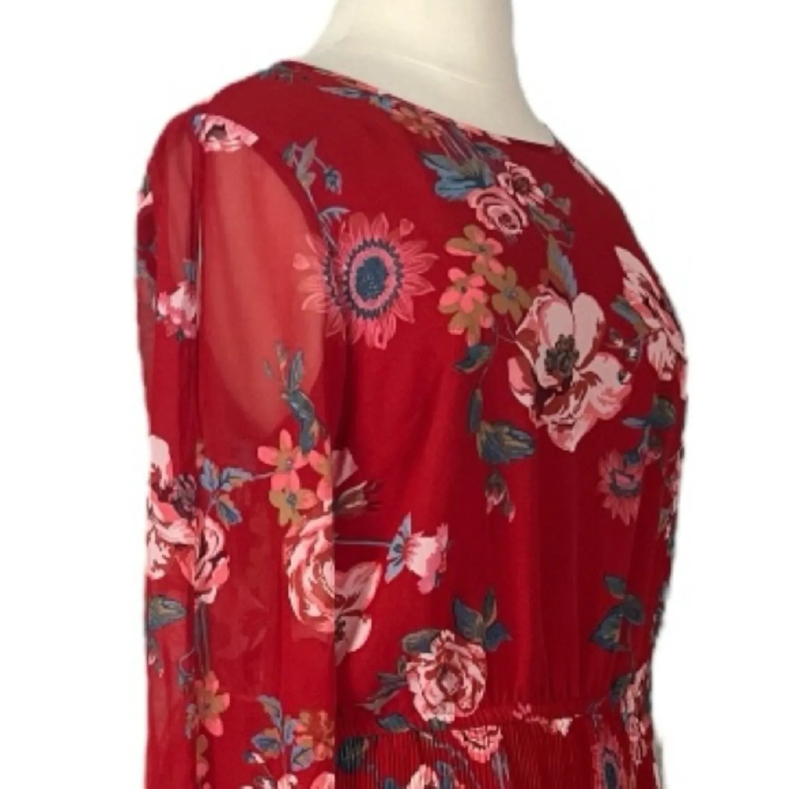 Ava & Viv Midi Dress Pleated Long Sleeves Red Multi Floral Women’s Size 1X - Image 8