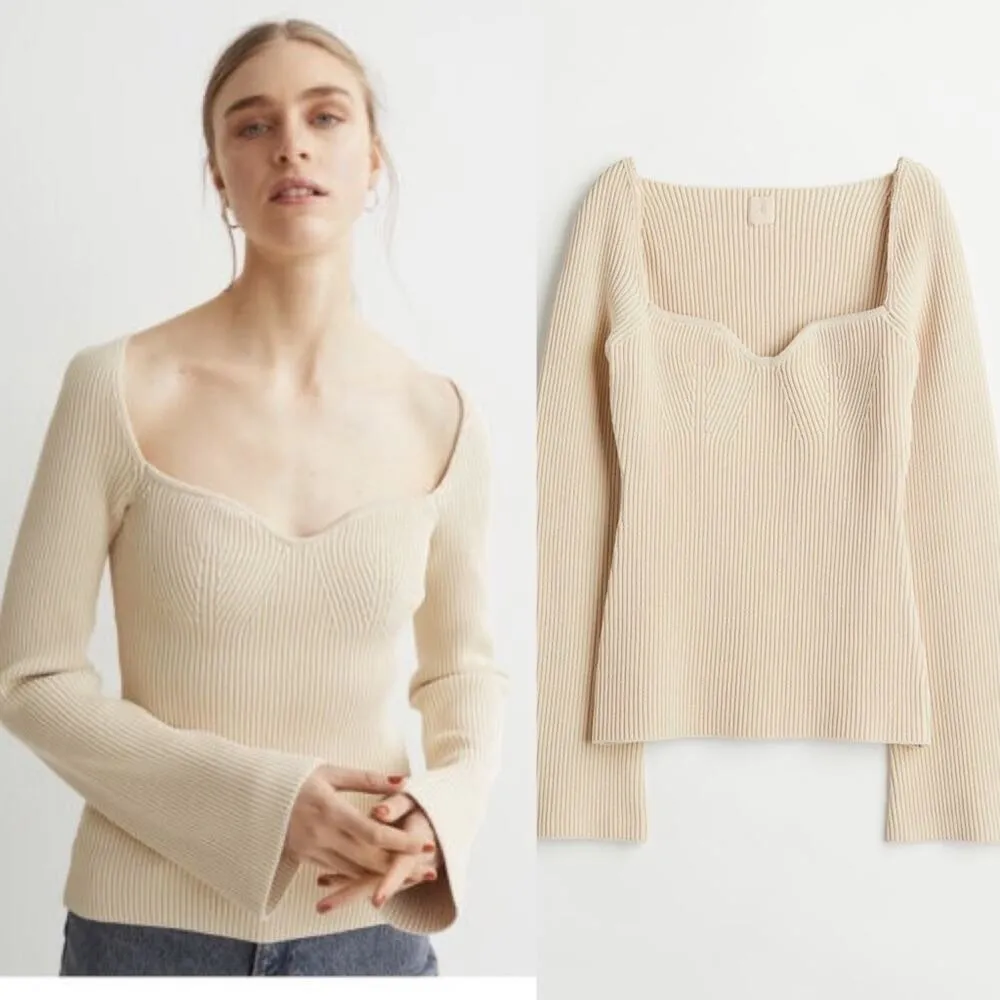 H &‎ M sweetheart neckline rib knit cream jumper sweater size XXL - Image 2