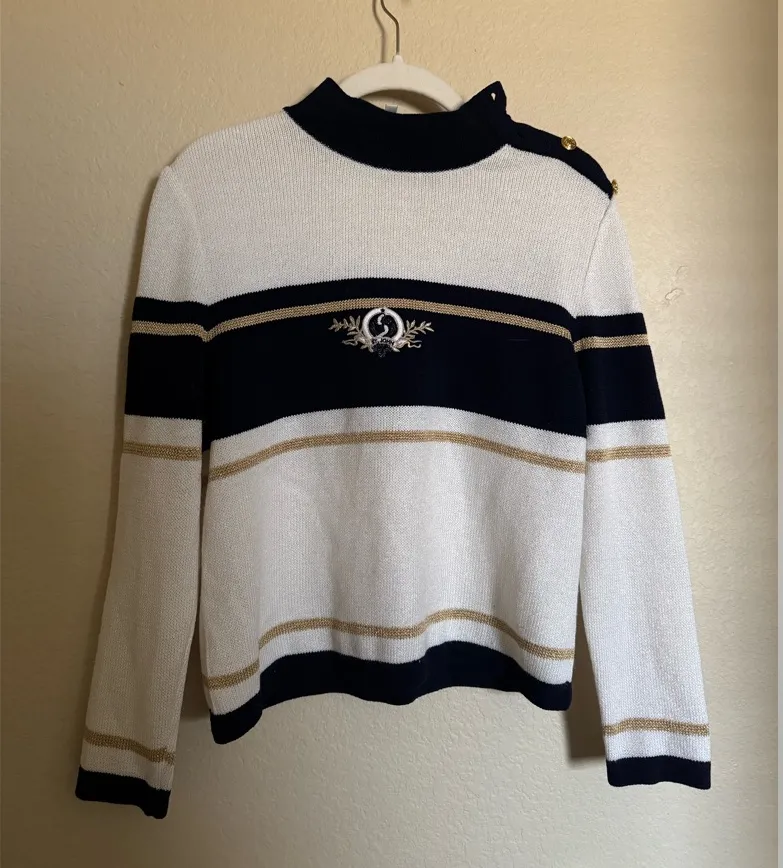 Vintage St. John Sport Striped Emblem Marine Mock Neck Sweater Size Small - Image 1