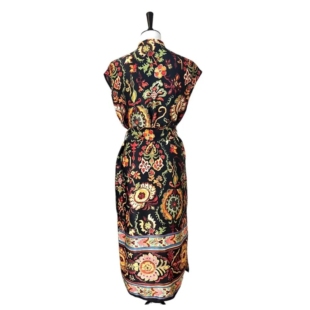 Zara Midi Dress V Neck Button Top Pockets Tie Waist Black Floral Satin Size XS - Image 4