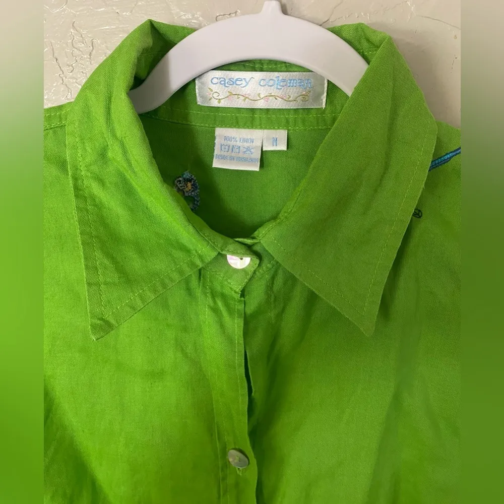 Casey Coleman Embroidered Parrot Long Sleeve Button Shirt M Oversize Green Linen Size M - Image 2