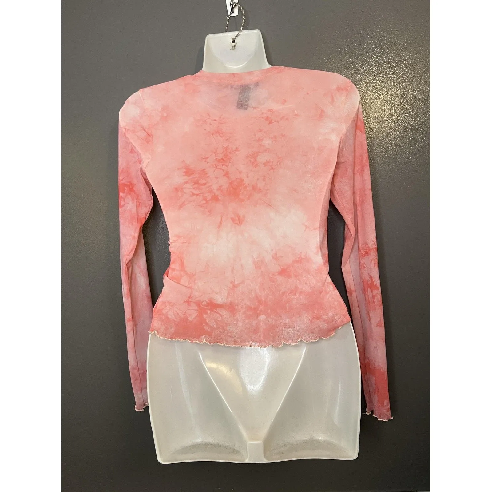 Forever 21 Shirt Womens Small Pink Tie Dye Sheer Mesh Long Sleeve Ruffle Hem - Image 4