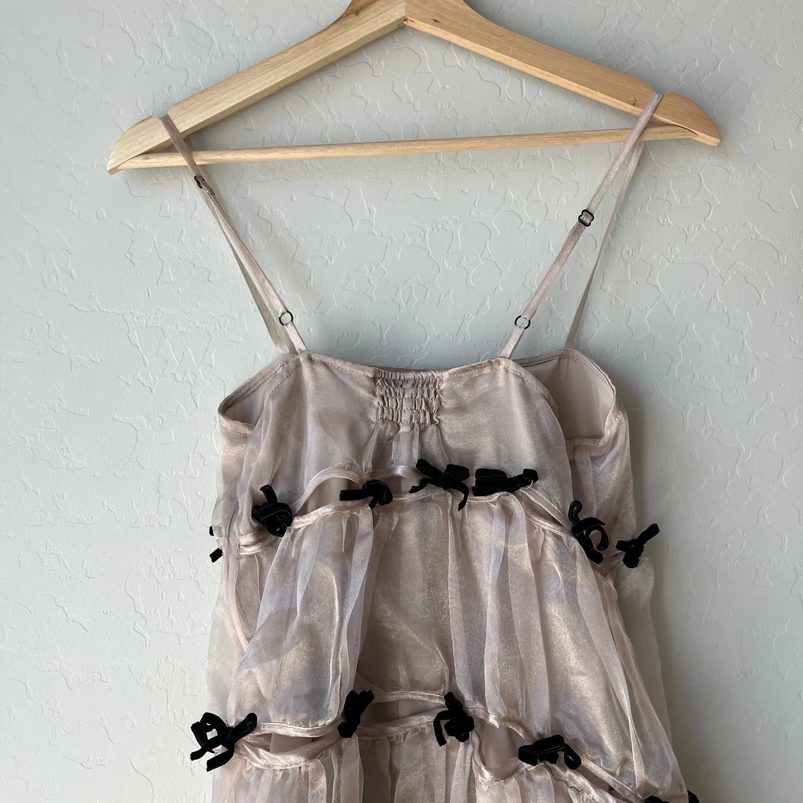 Marchen Dress Bow Embellished‎ Asymmetric Organza Midi Dress Beige Black S - Image 9