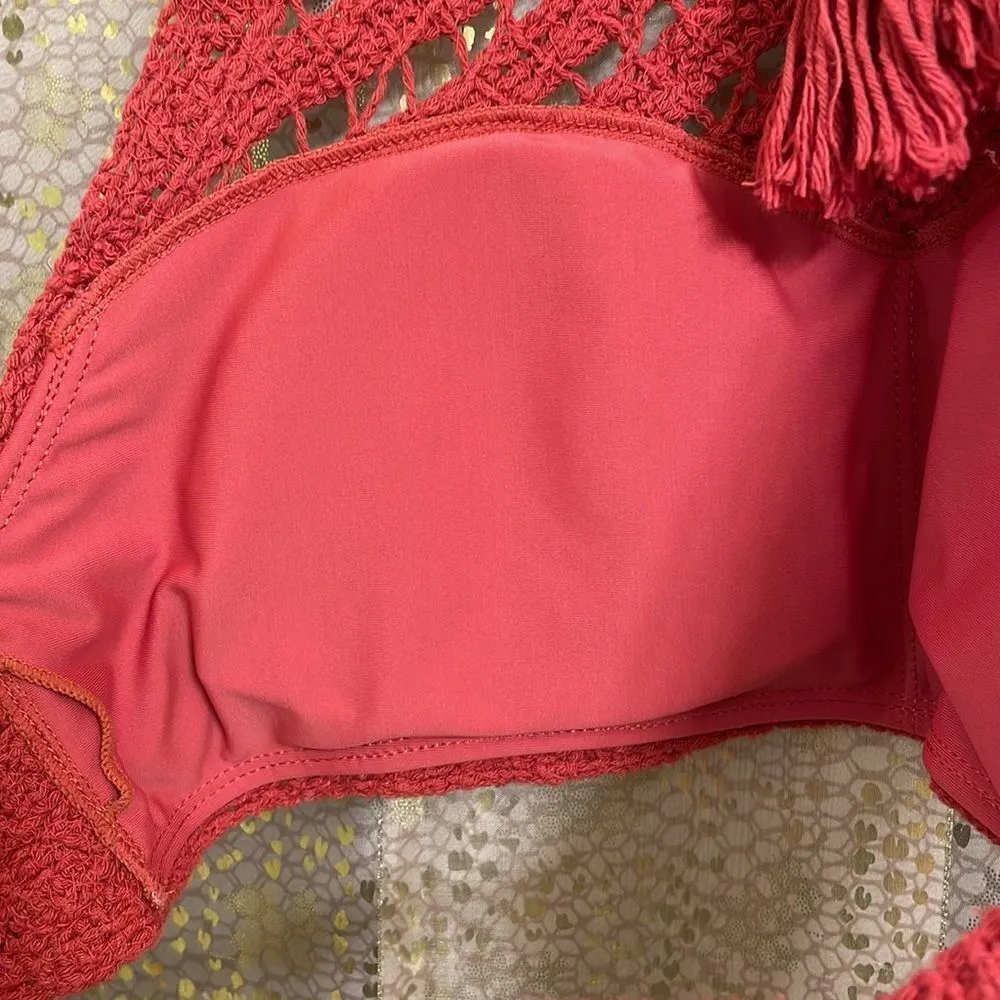 Crocheted burnt rust orange high neck halter boho bikini swim top, size M/L Orange Size M - Image 7