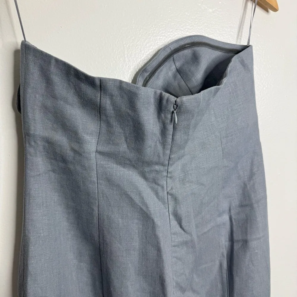 Massimo Dutti Studio Linen Midi Dress Sweetheart Neckline Strapless Blue Large - Image 4