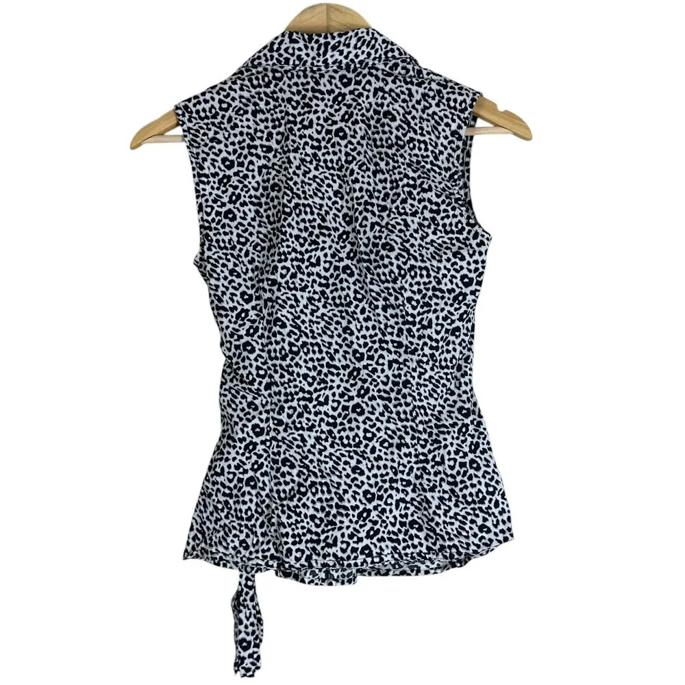 Express Top Womens XS Black White Sleeveless Wrap Animal Print Chic - Image 3