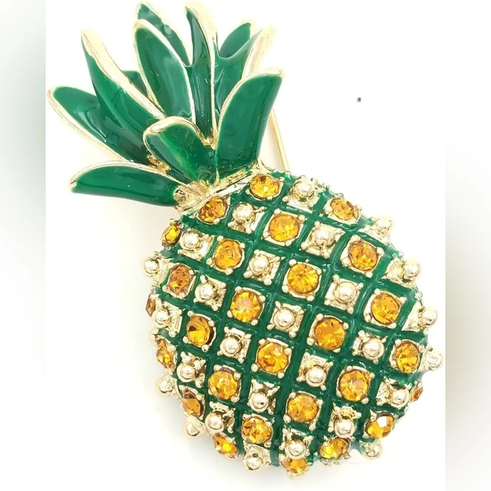 Vintage Enamel & Crystal Pineapple Brooch Green Gold Tropical Statement Pin - Image 5