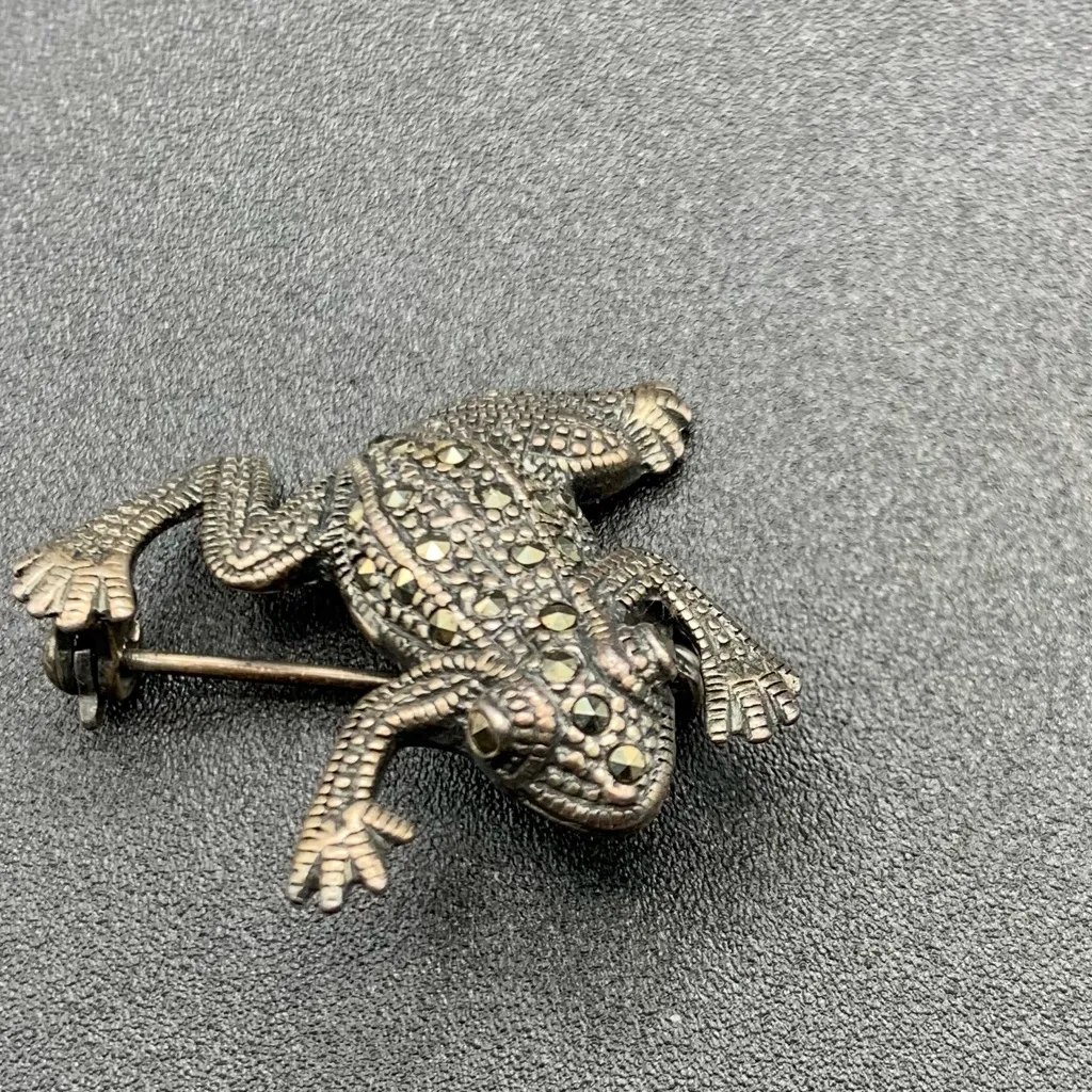 VTG Marcasite Stering Silver Frog Toad Pin Brooch 925 1” - Image 5