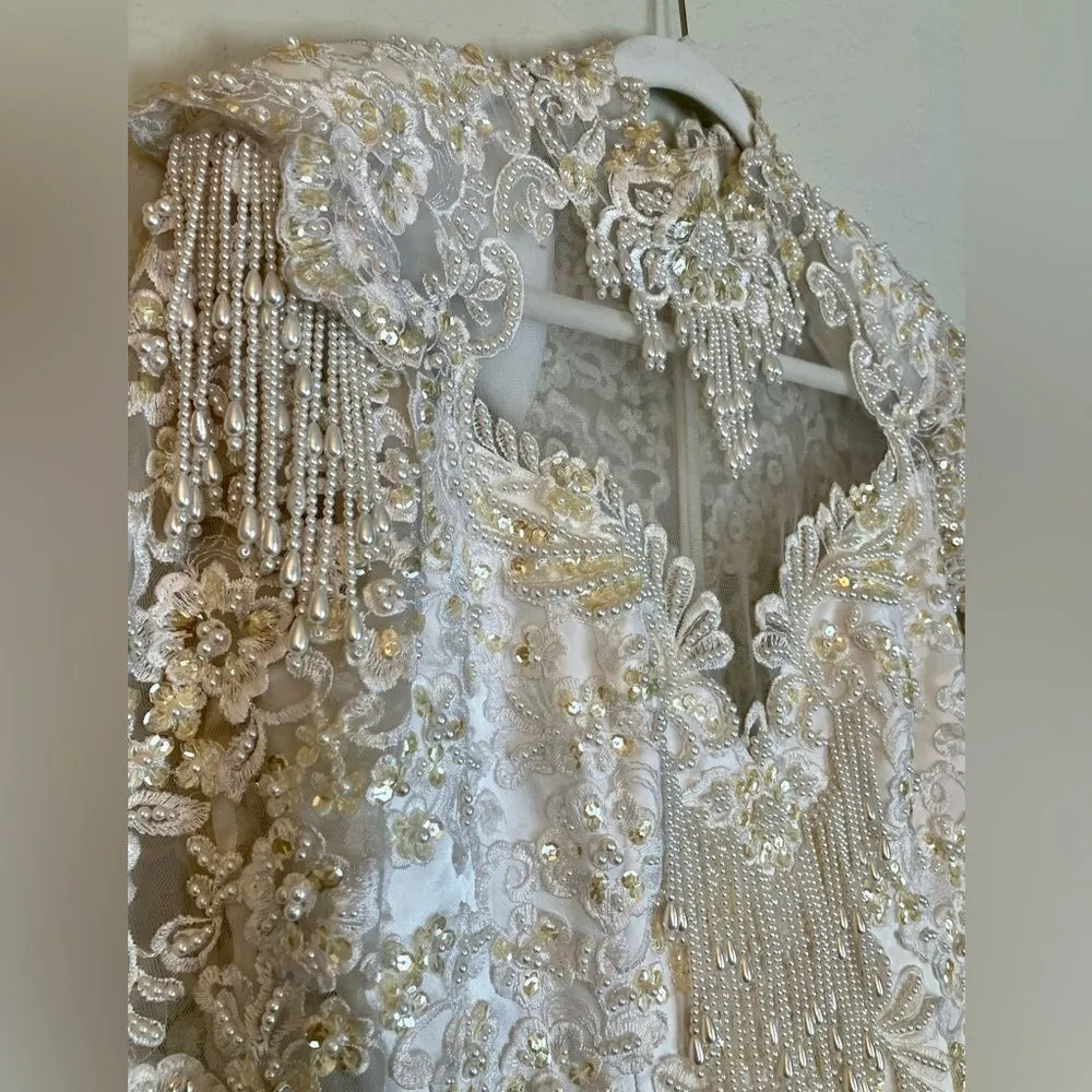 Vintage Mermaid Beaded Ling Sleeve Sheer Wedding Dress Size 10 Fringe White - Image 4