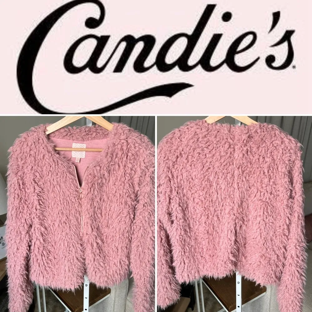 Candies Pink Fluffy Cropped Full Zip Retro Jacket Furry Shag Coat Size S - Image 2