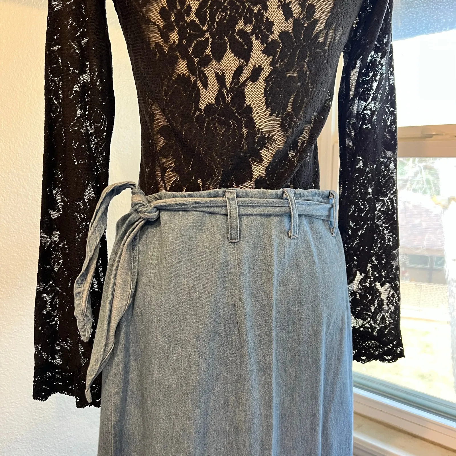 KZK 1993 Vintage Denim Cotton Leather Weaved Trim Wrap Maxi Skirt Size Large Blue - Image 5