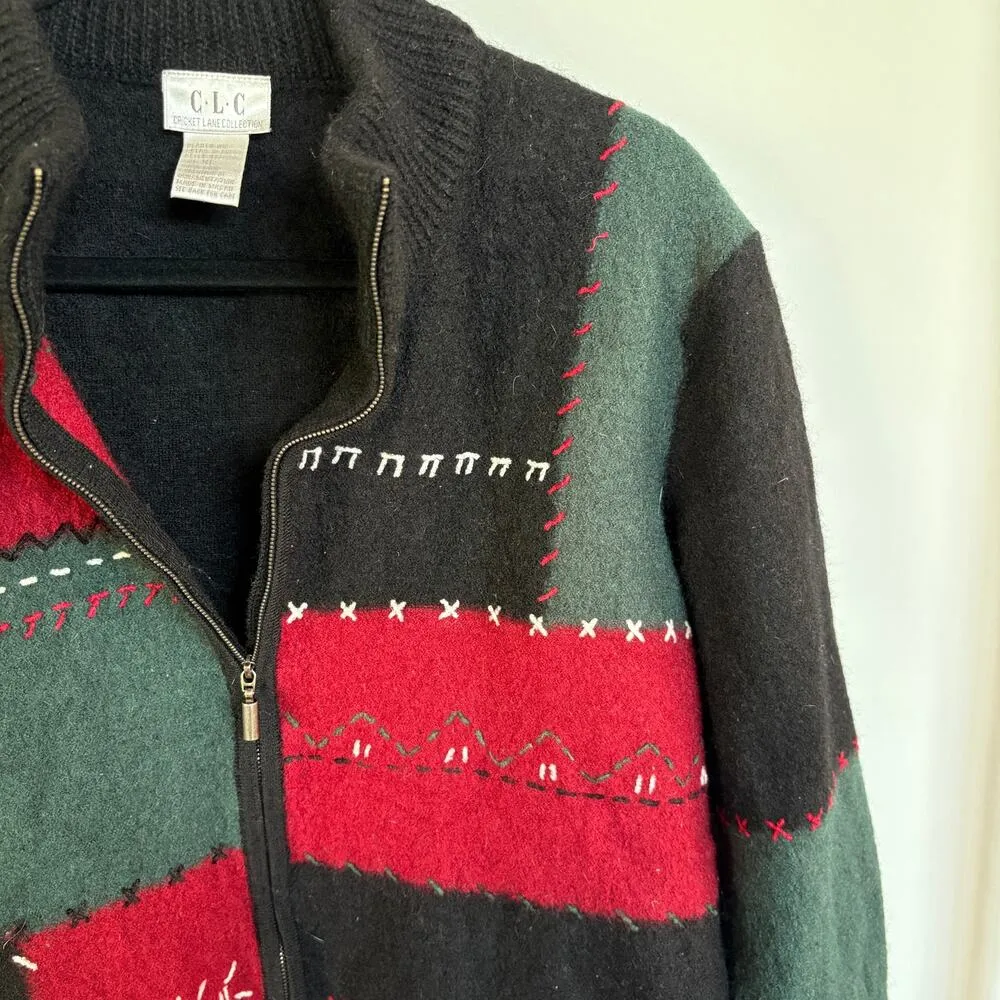 Vtg 90's Wool Patchwork Jacket Boxy Zip Up Grandma Sweater Black Embroidered XL - Image 6