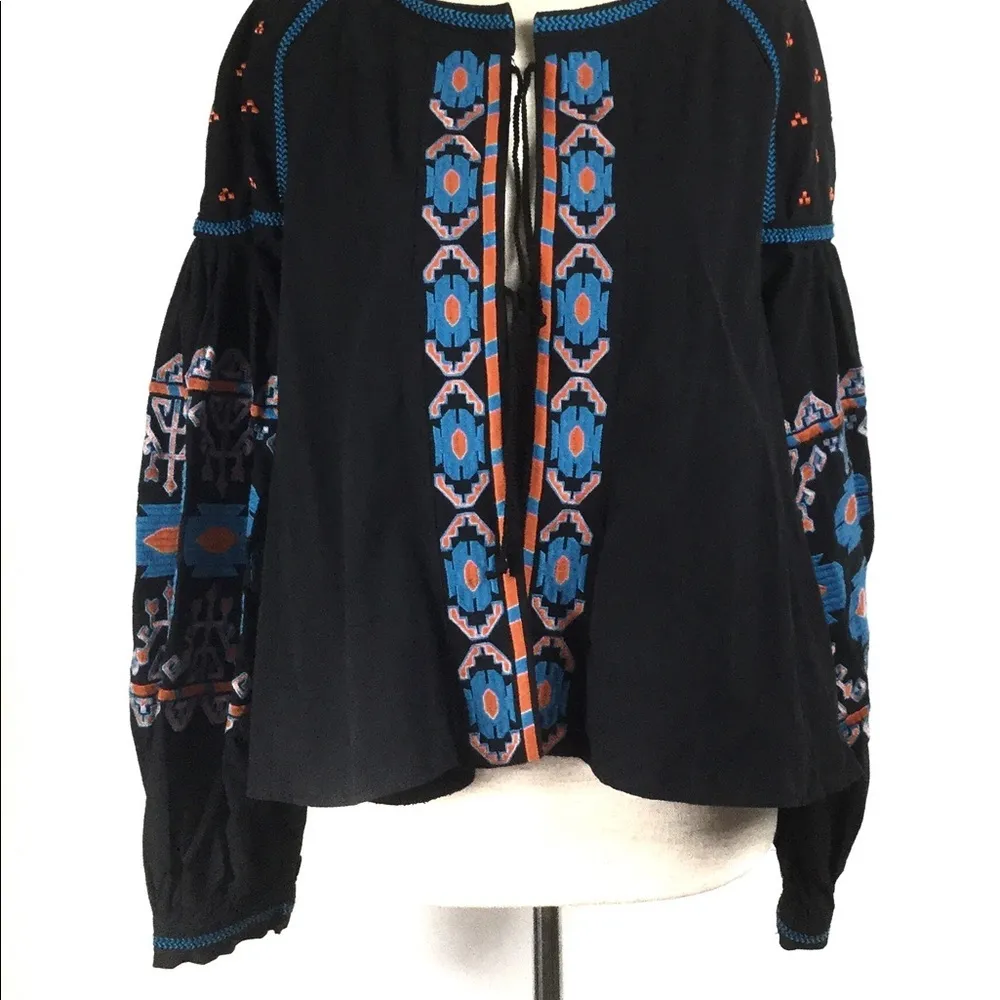 Puff sleeve embroidered boho tie front jacket top Black Size M - Image 11
