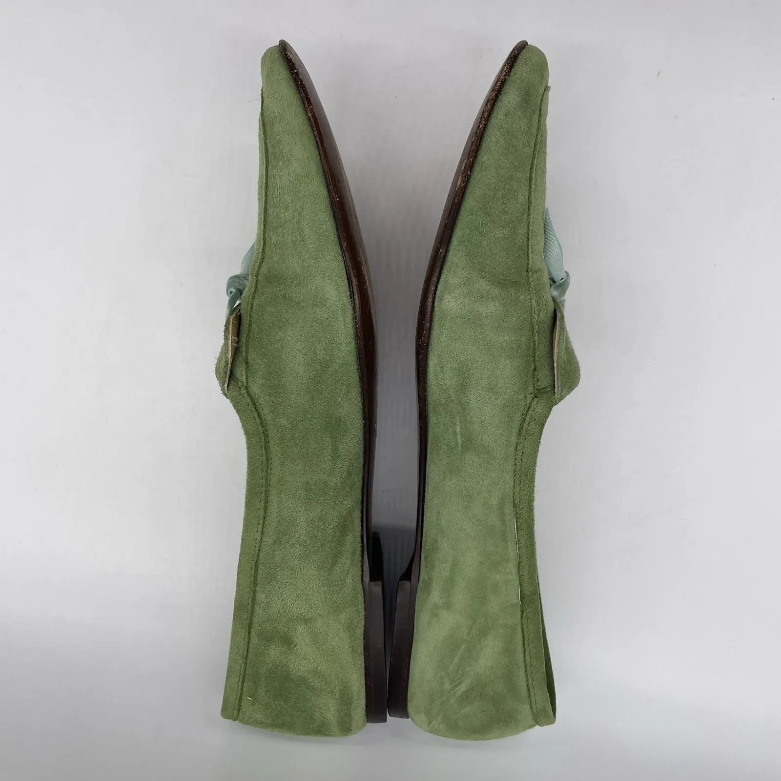 J. Crew Womens 7.5 Shoes Manhattan Loafers Green Suede Blue Ribbon Made In Italy - Image 4