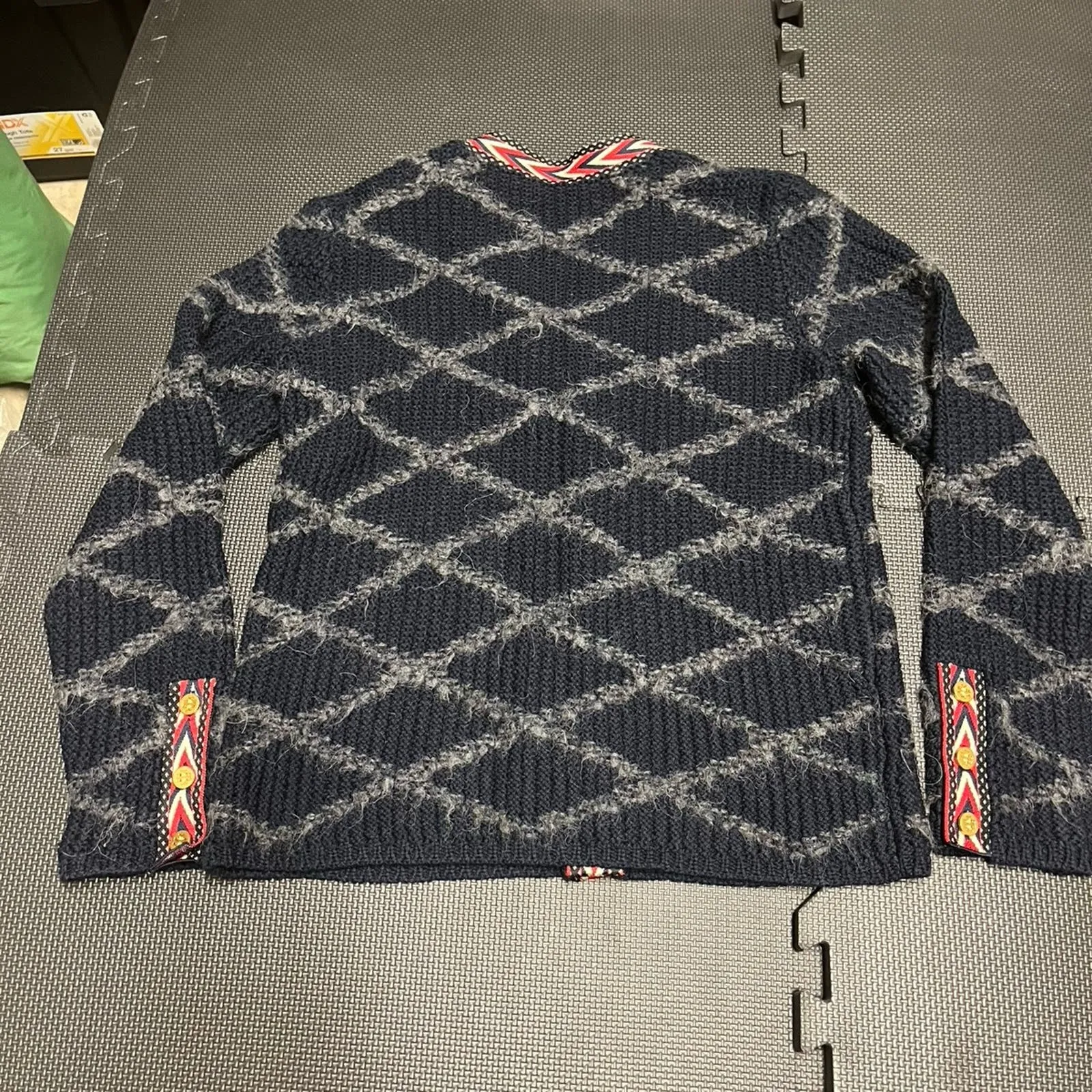 Tory Burch Tweed Trim Cardigan Sweater Coat Blue Red Gold‎ Womens size small - Image 9