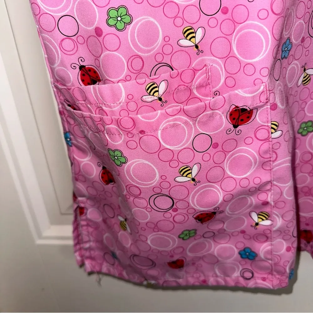 SB Scrubs pink ladybug bumblebee flower nurse smock scrub shirt women XS - Image 2