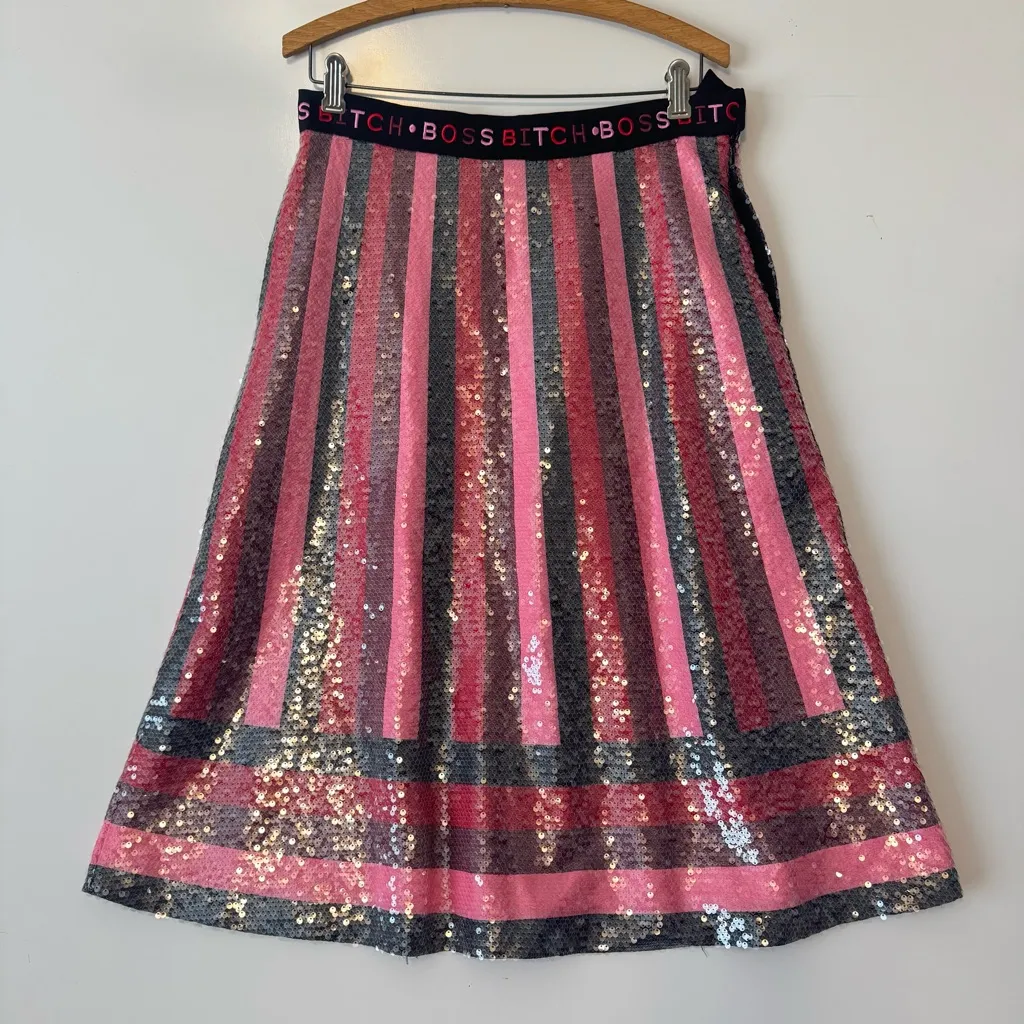 Dash of Pep Skirt Pink Gray Sequin Stripe Midi Elastic Waist Boss Size M‎ - Image 2
