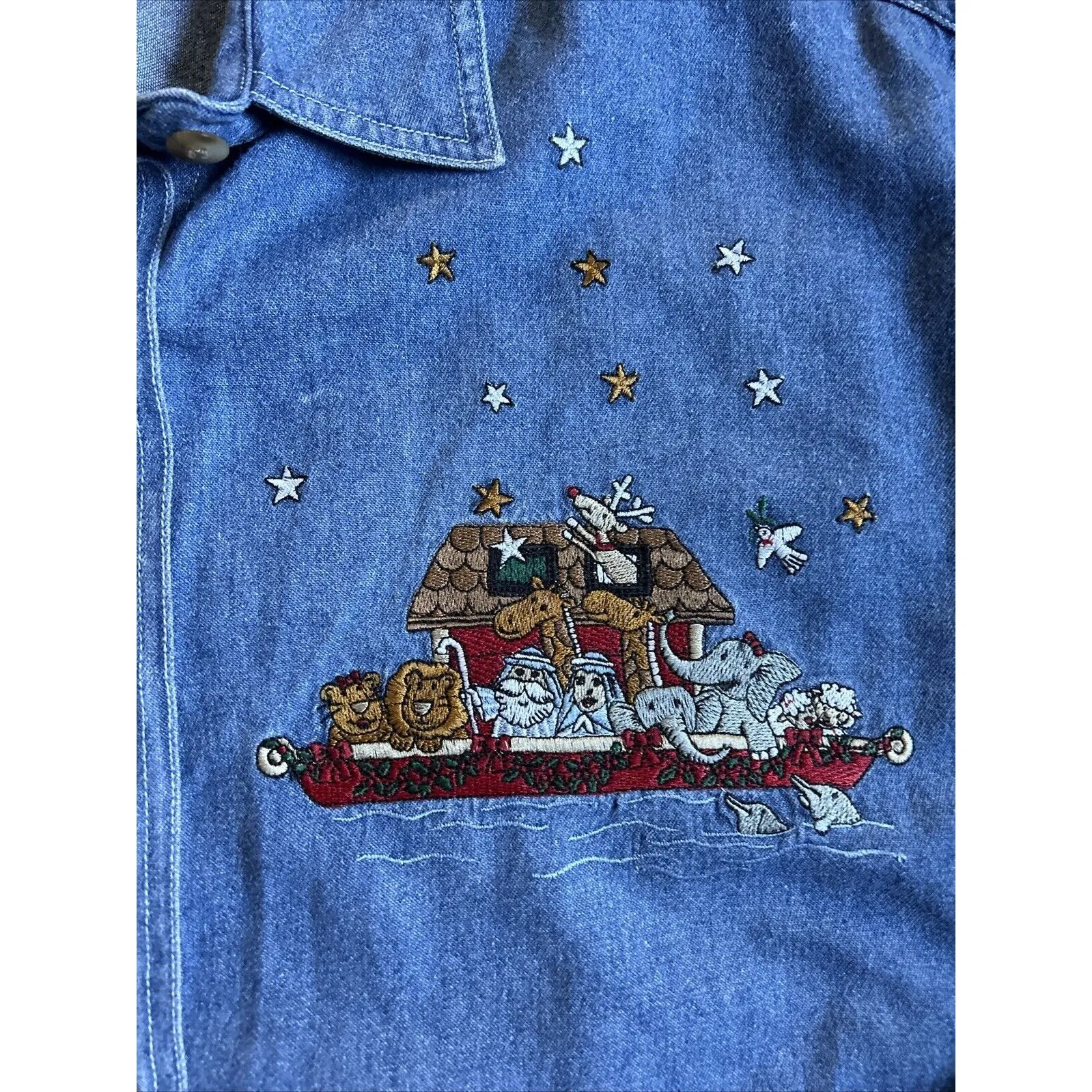 Vintage 90s Noah’s Arc Embroidered Button Down Denim Shirt Size 18 W Blue - Image 3