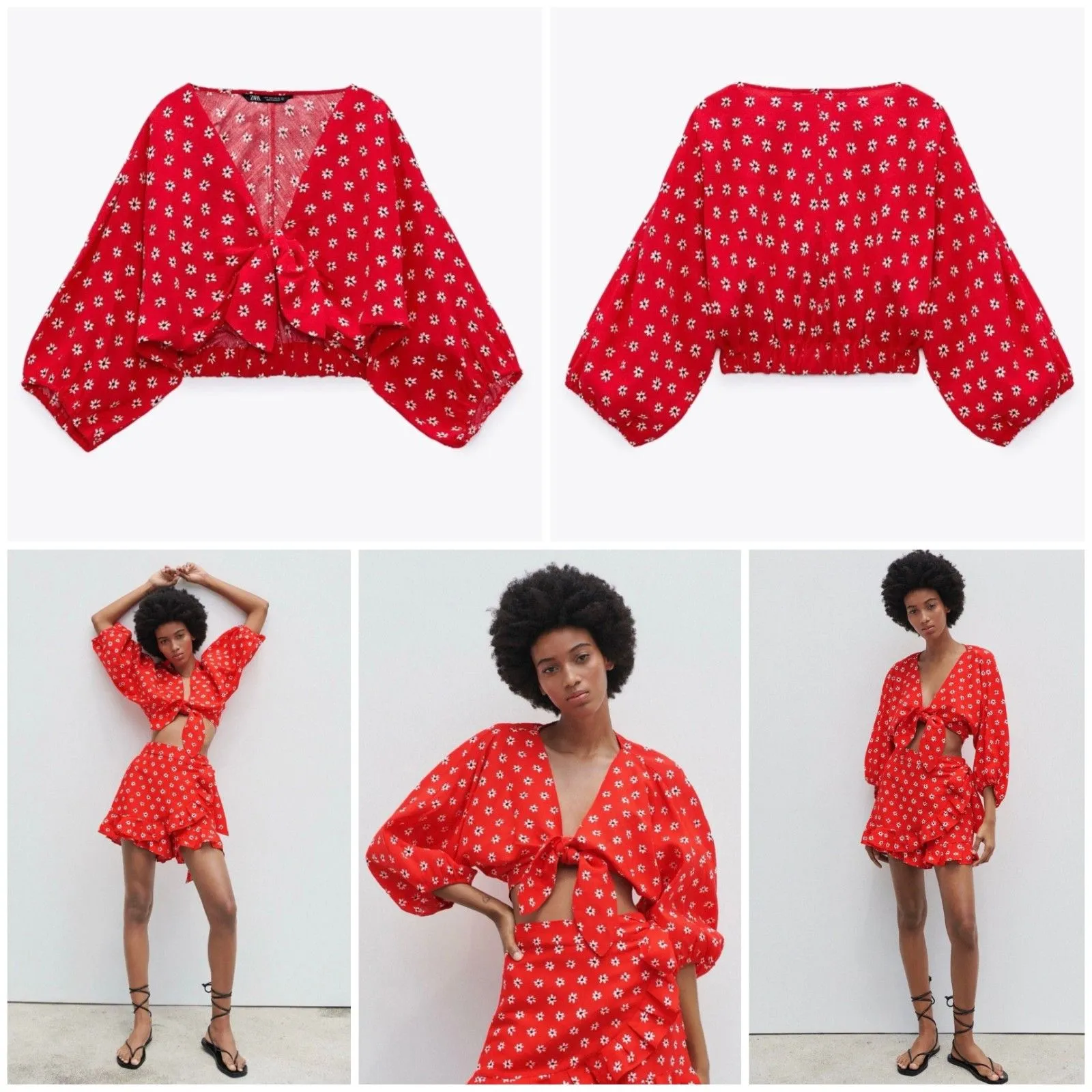 ZARA Red Daisy Floral Print Tie-Front Linen Blend Cropped Blouse - XS - Image 3