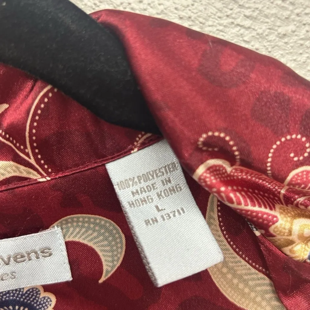 Vtg Valerie Stevens women's satin pajama set L long sleeve pants Burgundy Floral - Image 7