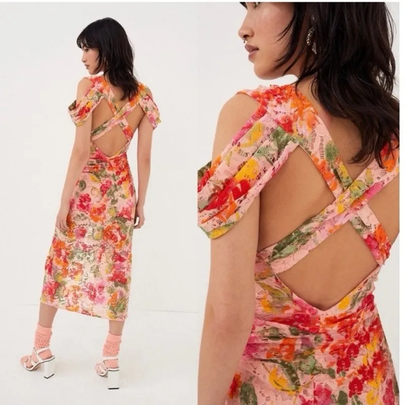 FOR LOVE AND LEMONS Pink Yellow Beth Ruched Corded Fitted Midi Dress size Medium - Image 17