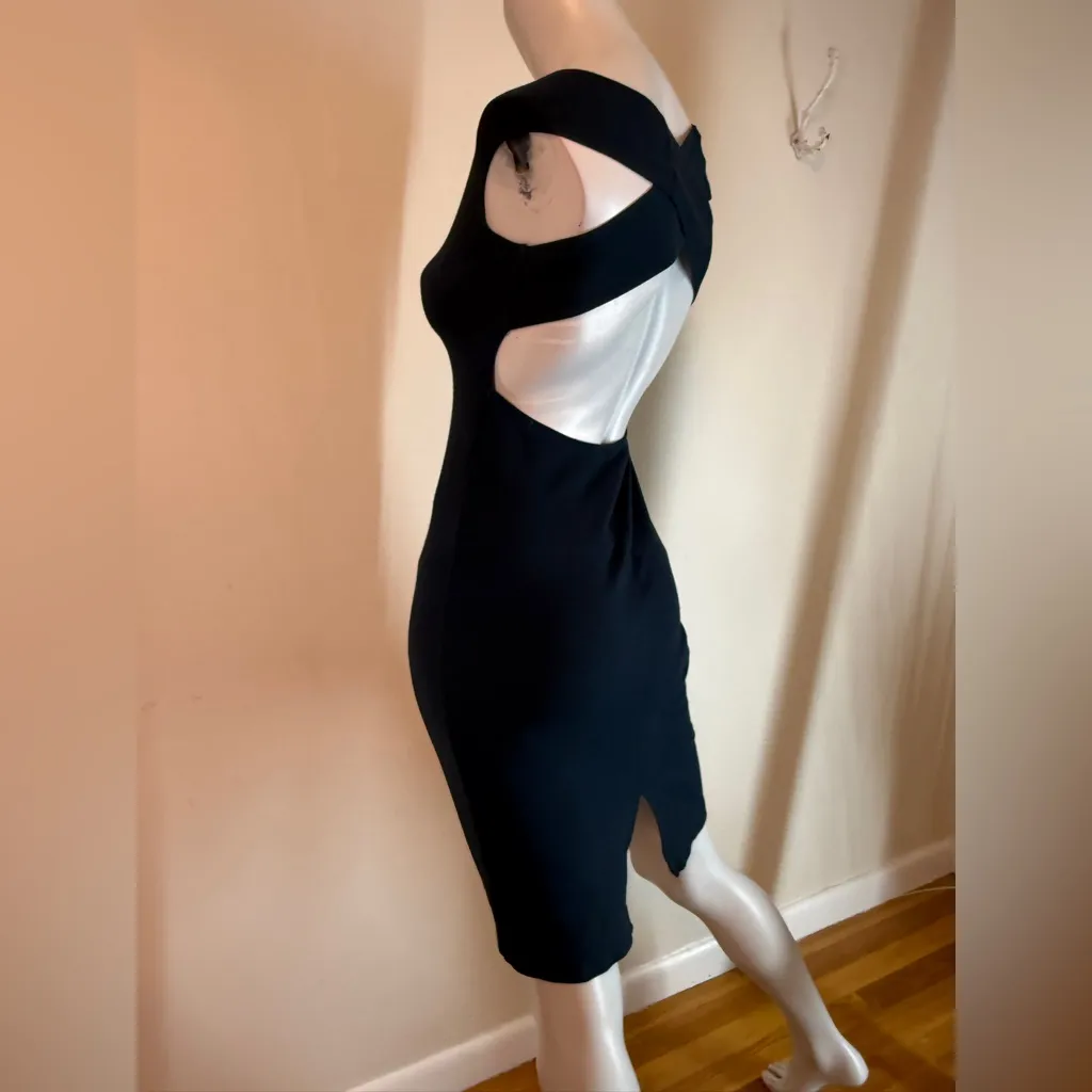 American Apparel Cross Back Off The Shoulder Dress Large Navy Blue Body Con - Image 4