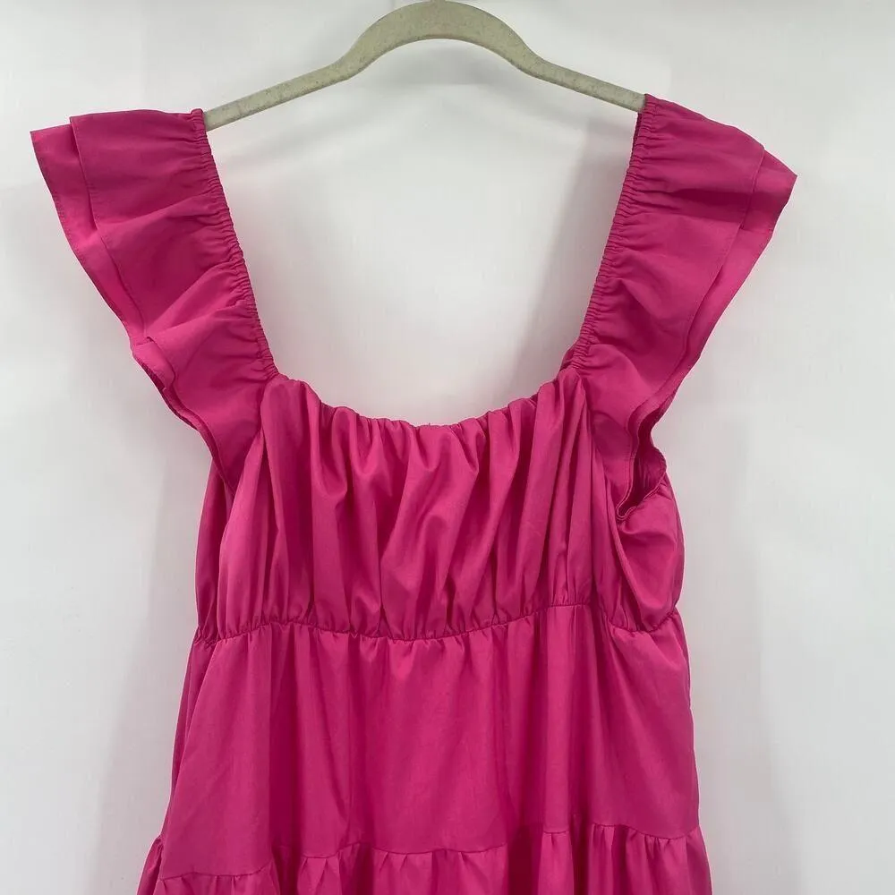 Free the Roses Tiered Maxi Dress Ruffled Flutter Sleeve Empire Waist Pink Medium - Image 7