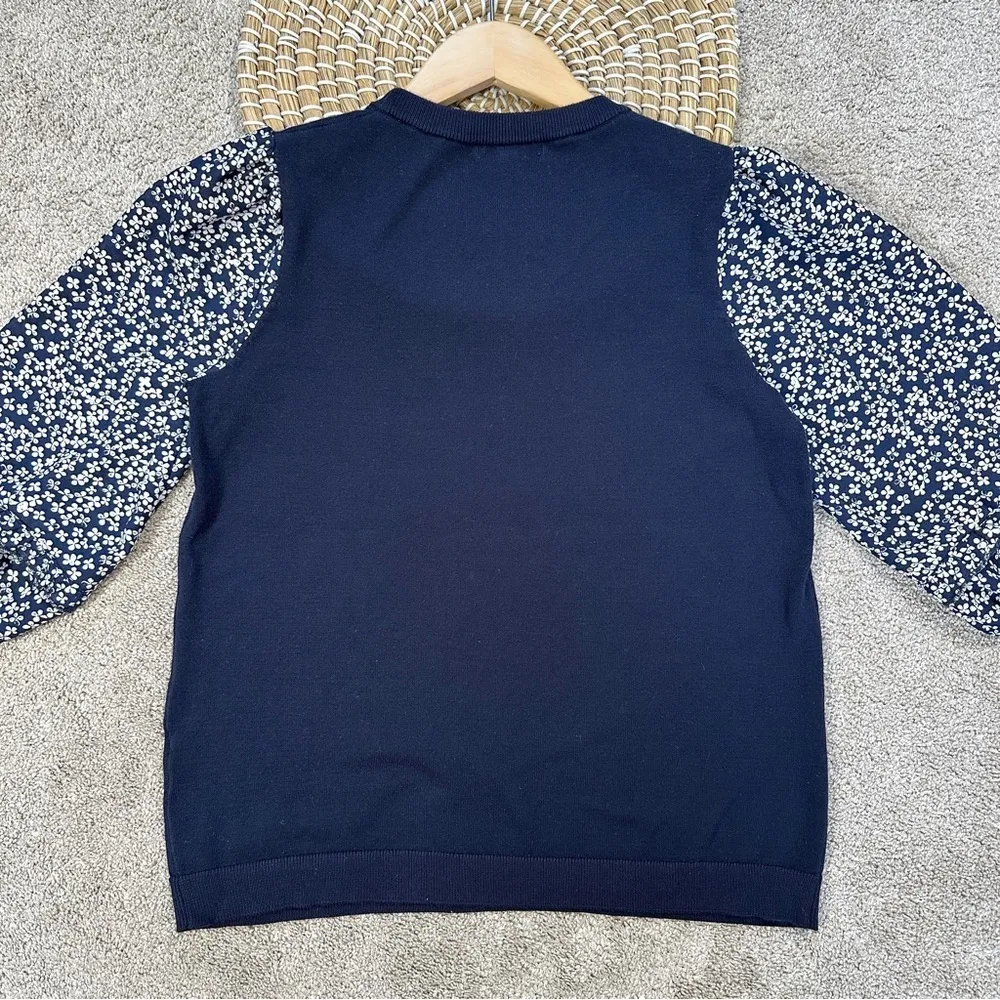 Adrianna Papell Sweater Blouse 3/4 Balloon Sleeve Floral Ruffle Neck in Navy S - Image 7