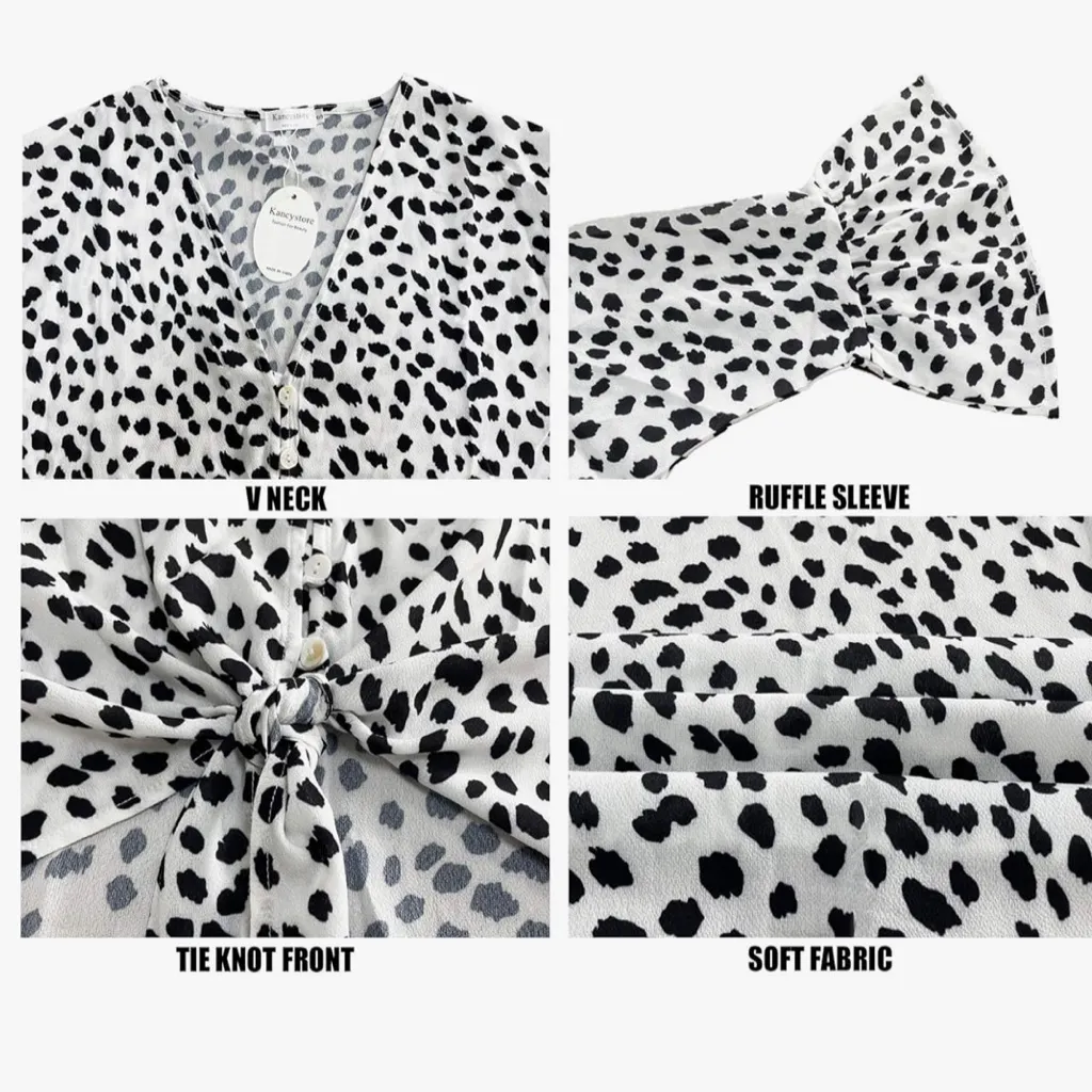 Womens Button Down V Neck Tie Knot Front Tops 3/4 Sleeve Chiffon - Image 2