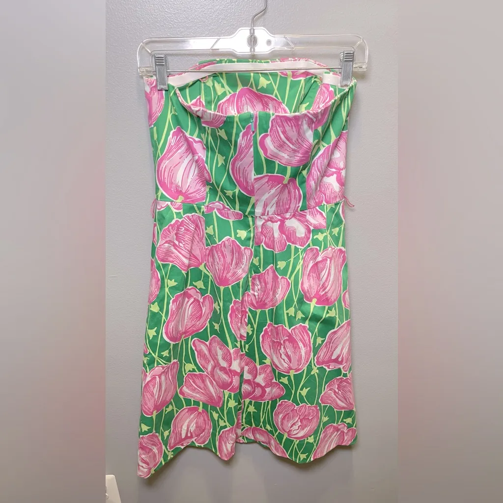 Lilly Pulitzer‎ Women's Towering Tulips Pink Green Strapless Dress Size 6 - Image 2